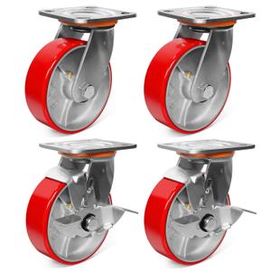 5000 lb Capacity Industrial Caster Wheels with Polyurethane & Cast Iron, Swivel Plate Casters for Platform Trucks, U-Boat Carts, Military Equipment (2 Brake &2 Swivel)
