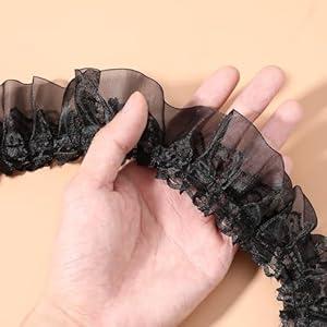 11 Yards Lace Trim, Black Double-Layer Pleated Organza Ruffle Edging for Clothing Sewing Crafts Wedding Applique Decor