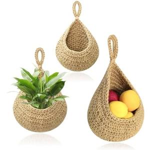 CRrrrJIC Hanging Baskets Set, 3 Pcs Boho Wall Hanging Basket with 6 Pcs Strong Hooks, Hand-Woven, Drop Molding, Used In Living Room or kitchen To Store Fruit and Vegetable And Potted Plants (Linen)