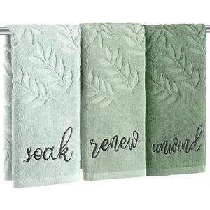 Moukeren 3 Pcs Sage Green Hand Towels for Bathroom 100% Cotton Jacquard Embroidered Soak Unwind Bath Towels Bathroom Spa Kitchen Dishcloth Gift Set Farmhouse Decorations (Green Leaves)