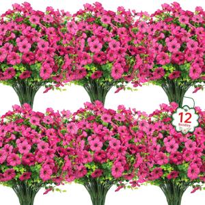 Ouddy Decor 12 Bundles Artificial Flowers for Outdoors Fake Silk Flowers UV Resistant Faux Plastic Plants for Spring Summer Garden Porch Window Box Table Vase Home Indoor Outdoor Decoration, Rose Red