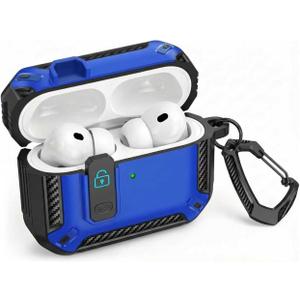 Locking Case Compatible with AirPods 5 (2026) / AirPods 4 (2024), Shockproof AirPods 5 Protective Case, AirPods 5 Cover with Carabiner Keychain, Front LED Visible, Black Blue