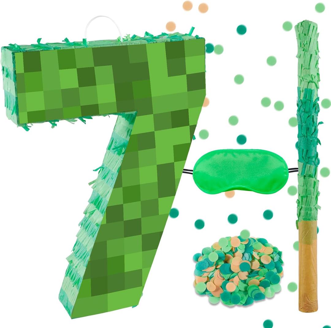 16 Inch Pixel Number 7 Pinata, Birthday Pinata with 16 Inch Piata Stick Blindfold Confetti for Kids 7th Birthday Party Decorations(7th)