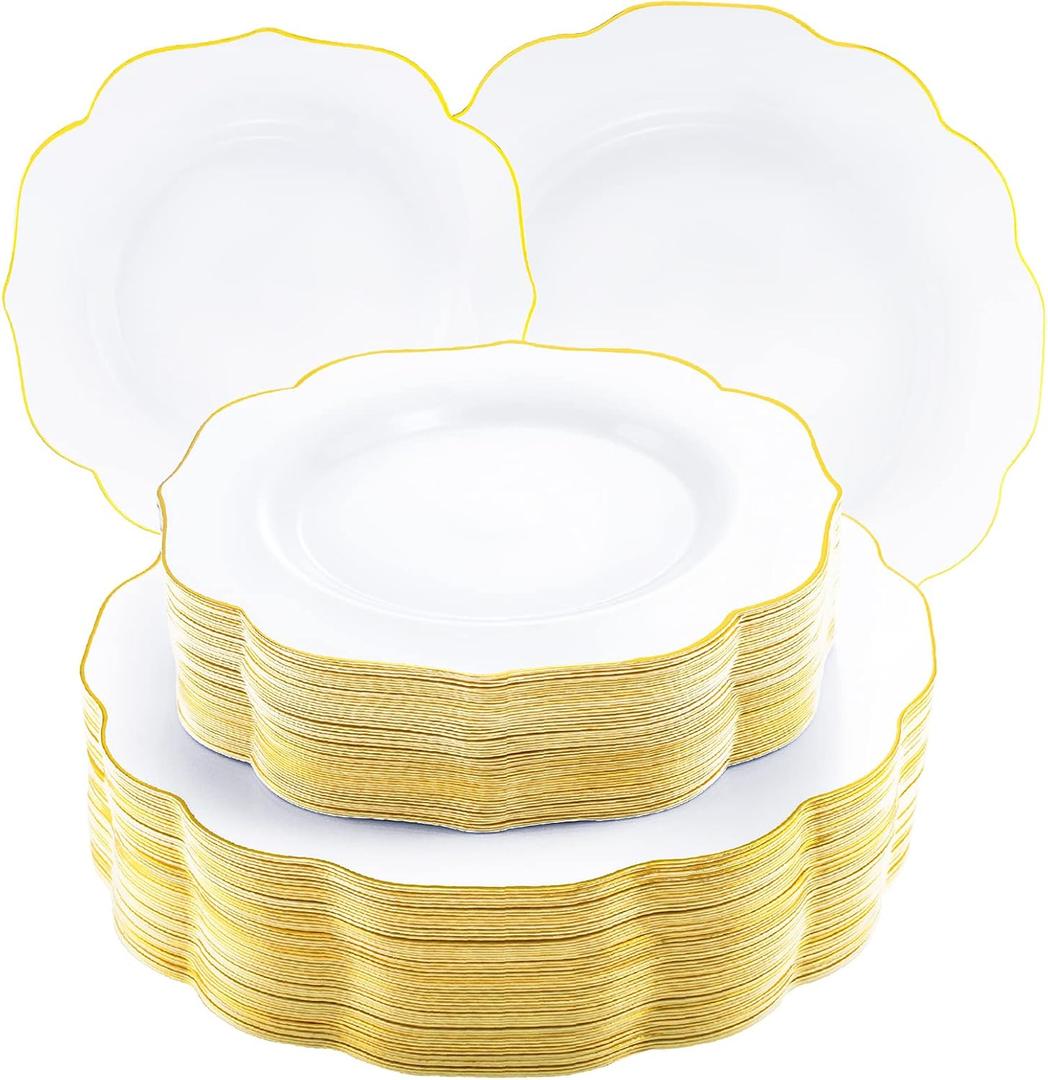 NOCCUR 120PCS Gold Plastic Plates Disposable for 60 Guests - Include 60 Dinner / 60 Dessert Plates Heavy Duty for Fall Party&Thanksgiving