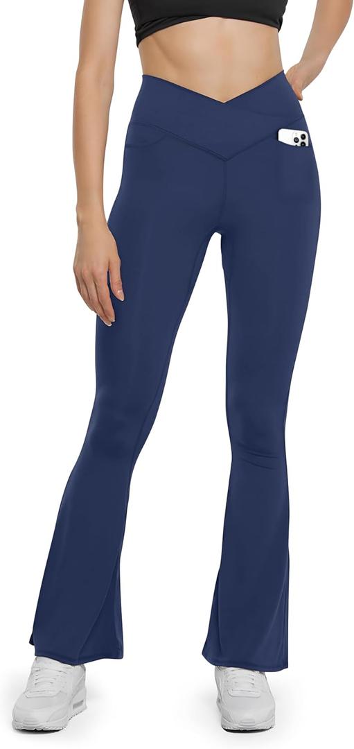 HEGALY Women's Flare Yoga Pants - Crossover Flare Leggings High Waisted Tummy Control Workout Casual Bootcut Pants (X-Large, Navy Blue-pocket)