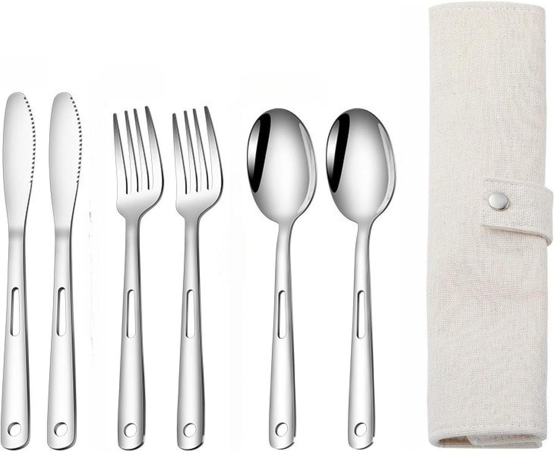 Stainless steel camping portable cutlery storage cloth bag knife, fork and spoon 7 piece set of scroll bag set
