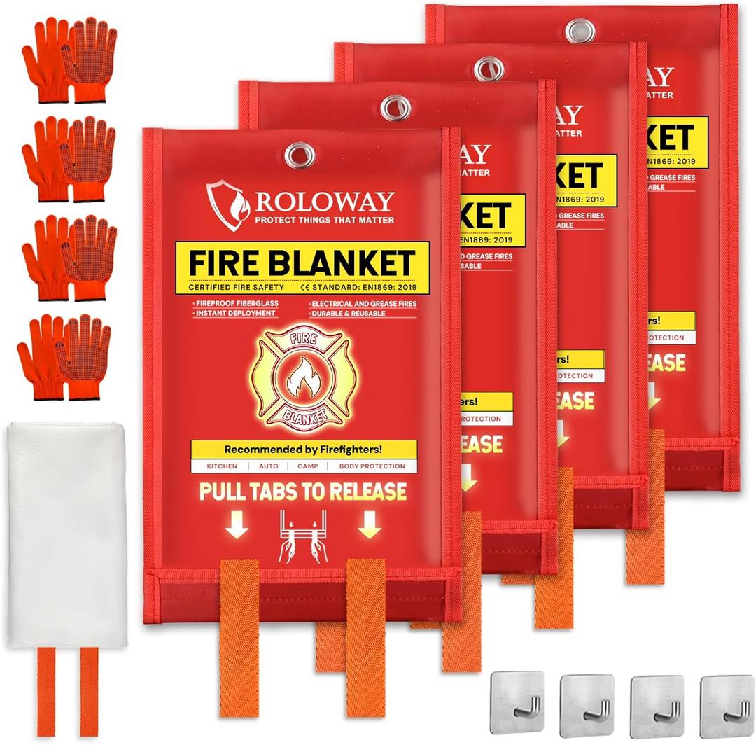 ROLOWAY Emergency Fire Blanket for Home and Kitchen, Fire Blankets Emergency for Home Safety (40 x 40 Inch) with Hooks, Gloves, Fire Suppression Blanket with Emergency Whistle for Fire Safety (4 Pack)