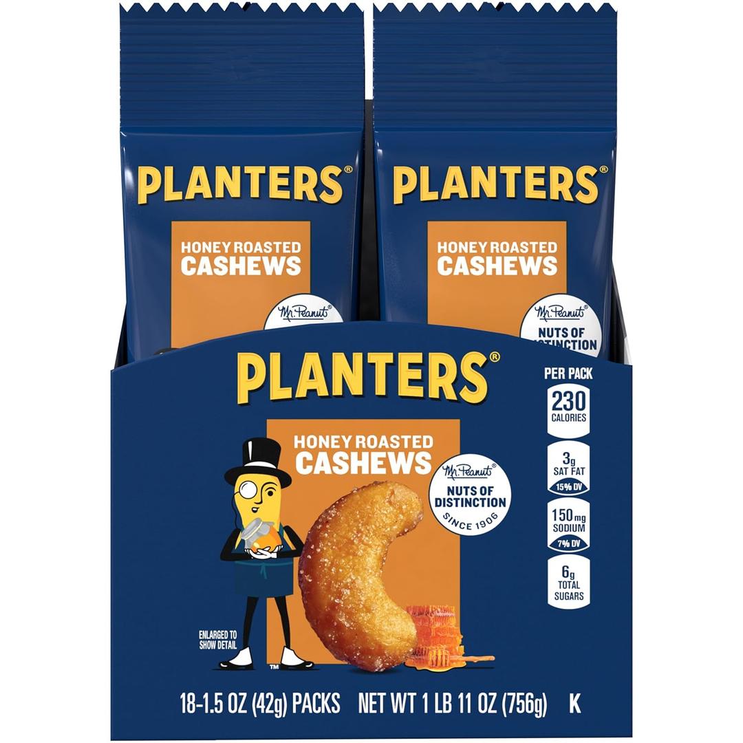 Planters Honey Roasted & Salted Cashews, 1.5 Ounce (Pack of 18) BB Date Oct 30 2026