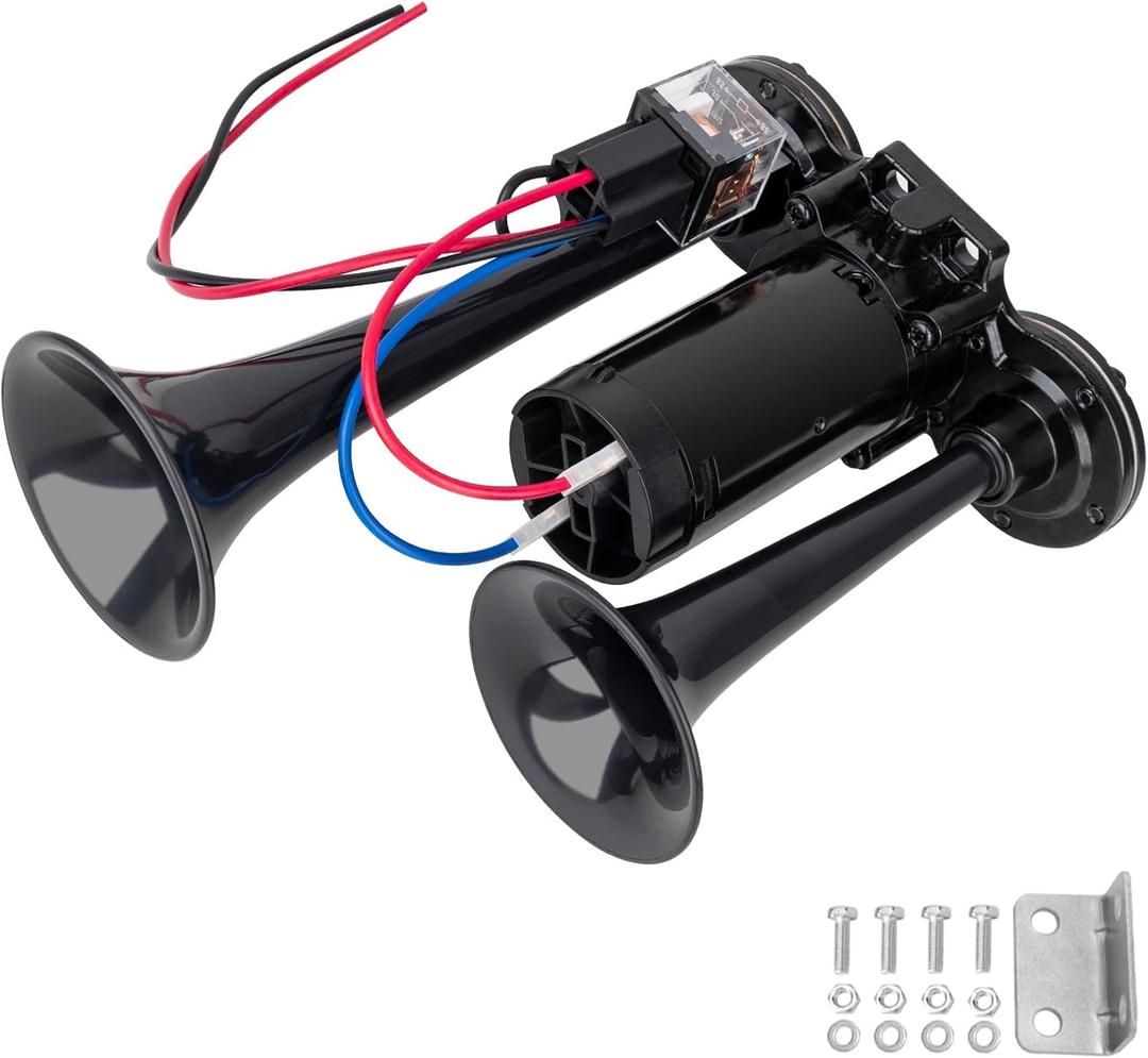 12V Black Waterproof Truck Horn with Compressor,150dB Integrated Dual Tube High/Low Tone Air Horn kit for Car/Motorcycle/Trucks/Pickup/SUV/Van/Lorries/Boats