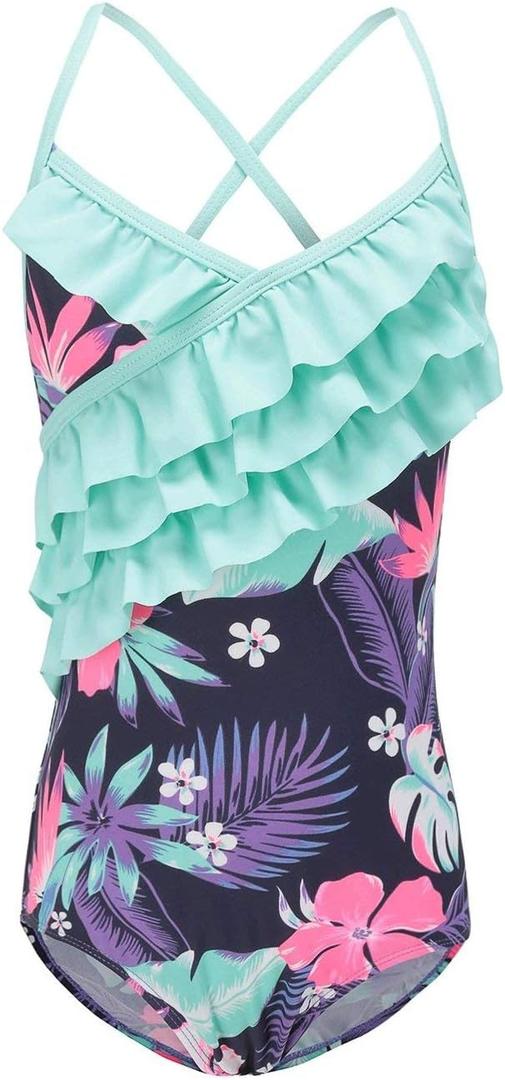 Girls One Piece Swimsuits Hawaiian Ruffle Swimwear Beach Bathing Suit (7-8 Years, Purple)