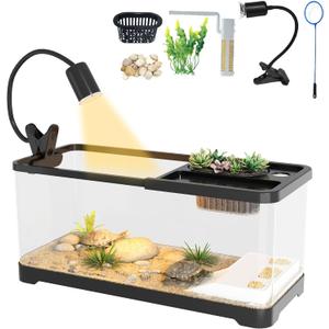 5.3 Gallon Turtle Tank, 9 In 1 Turtle Tank Kit with Climbing Platform, Adjustable Lamp, 3 Modes Filter, Hydropics Basket, Aquarium for Crabs, Fishes, Amphibians, Reptiles Enthusiasts Beginners (Black)