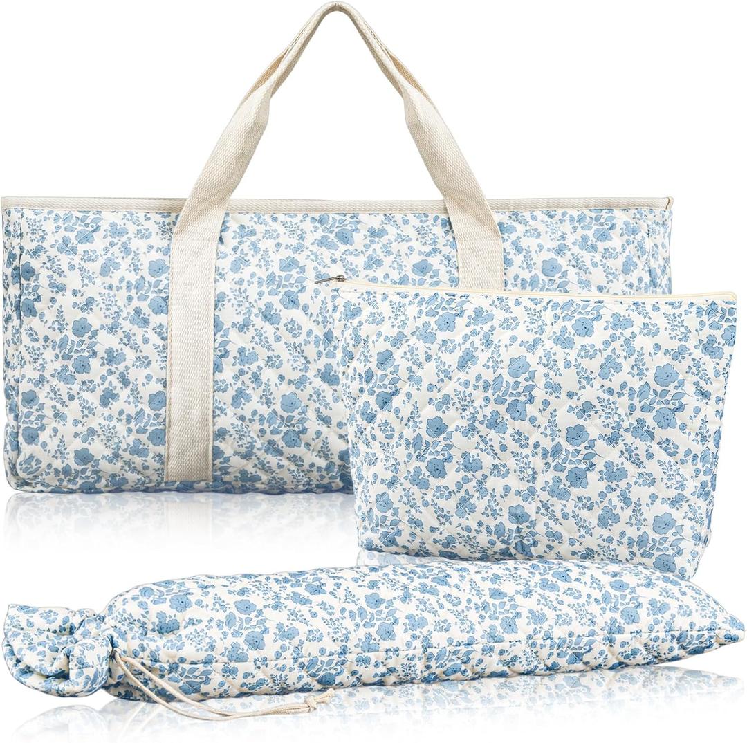 3 Pcs Empty Mahjong Bag Set, Thickened Blue Floral Quilted Carrying Bag Set with Two Wrappers, Card Bags, Mahjong Racks and Card Pusher Drawstring Bags (Case Only)