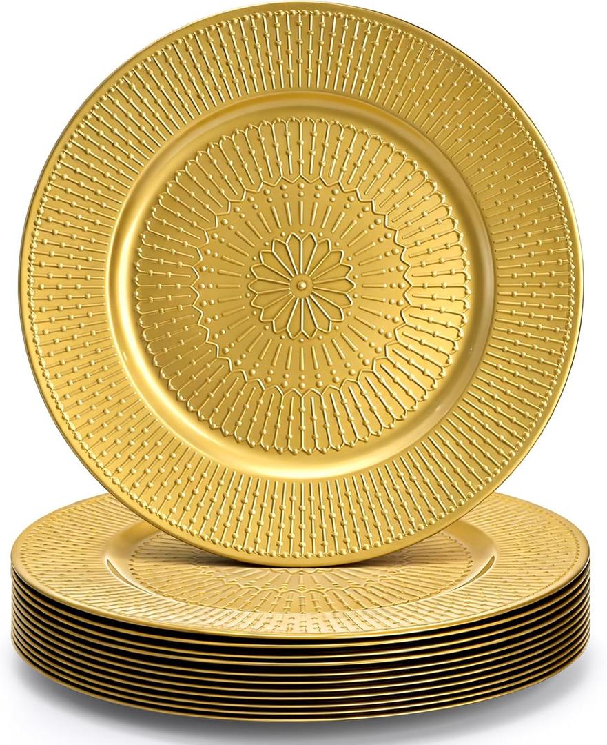 DEAYOU 12 Pack Gold Charger Plate, 13 Inch Beaded Chargers for Dinner Plates, Plastic Reusable Round Charger Platters for Wedding, Table Setting, Serving, Party, Decoration, Event, Holiday