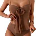 B2prity Womens Mesh Tankini Swimsuits Flowy Two Piece Bathing Suit V Neck Tie Knot Swim Top with High Waisted Bottom (XX-Large, Brown)