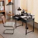 Pamray 32 Inch Small Computer Desk with Monitor Stand Home Office Desks with 2 Drawers for Bedroom Study Writing and Work Table for Small Spaces Black
