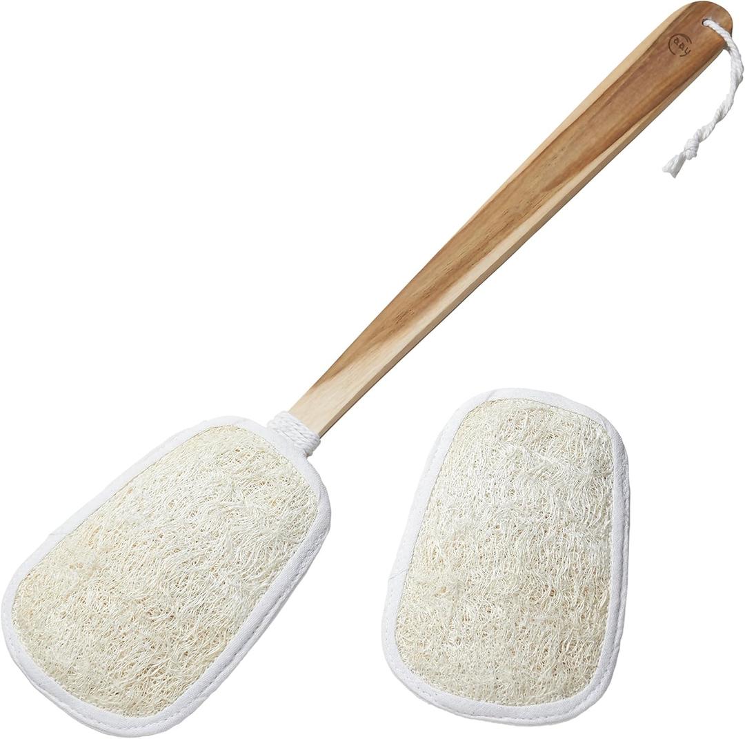 FAAY 17 Inch Natural Exfoliating Loofah Back Scrubber On a Stick with Luffa Sponge Pads Refills  Long Handle Loofa Body Bath & Shower Brush for Men & Women