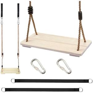 KINSPORY Wooden Swing Seat, Outdoor Swing Set Accessories for Backyard, Height Adjustable Rope with Hanging Tree Straps Kit for Porch Patio Garden Playgroud (Light Yellow)