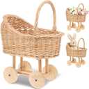 Wicker Flower Girl Basket with Handle Vintage Wicker Baby Carriage for Baby Shower Decorative Woven Rattan Stroller Shaped Flower Basket for Wedding Floral Arrangement