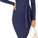 ZESICA Women's 2026 Spring Sweater Dress V Neck Long Sleeve Ribbed Knit Tie Waist Bodycon Slim Fit Midi Dresses (Blue, S)