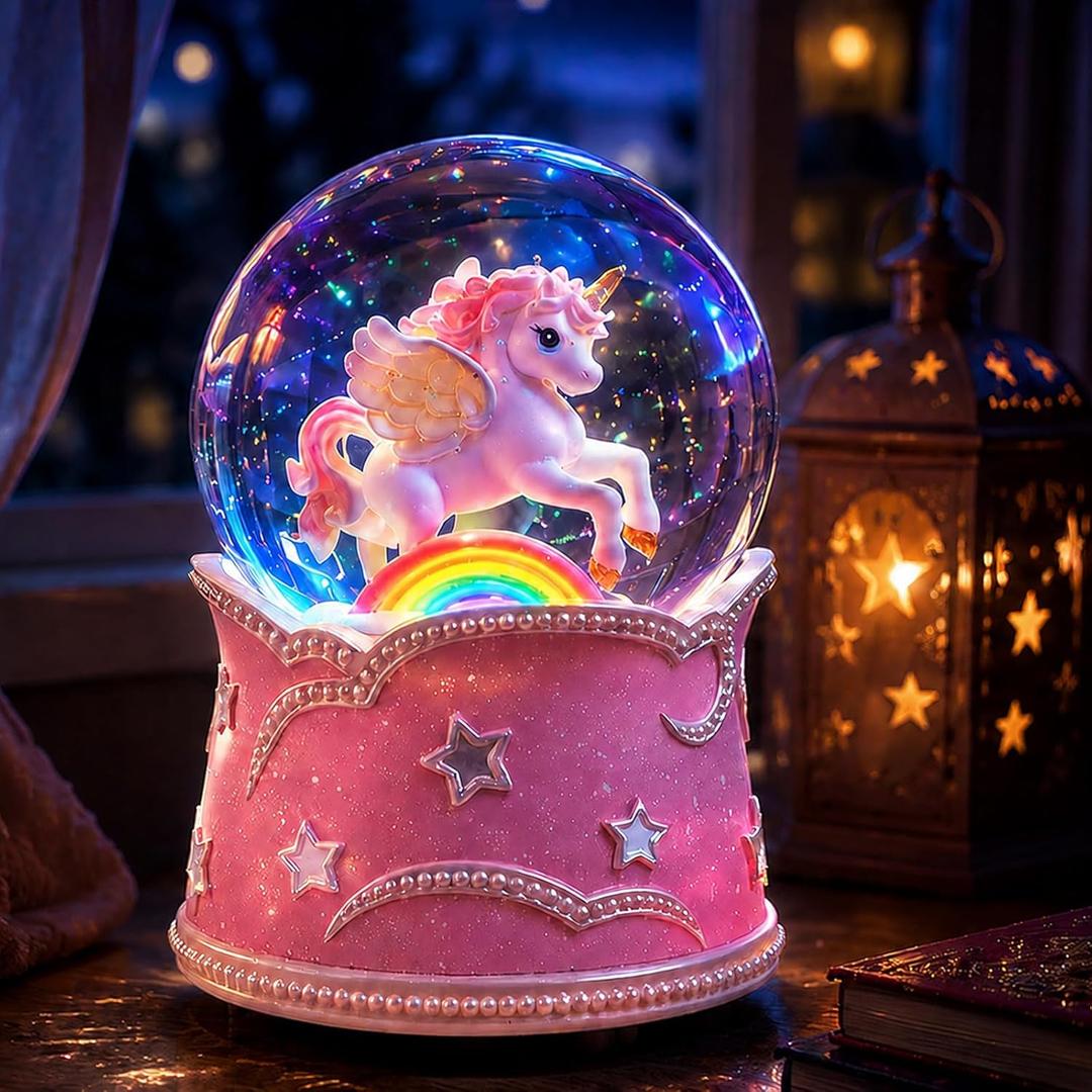 Pink Unicorn Snow Globe with Lighted Rainbow & Lullaby Music LED Musical Snow Globe with Floating Glitter, Elegant Decorative Gift, for Girls, Bedroom & Nursery Decor, Birthday (Blush Petal Pink (Lullaby Melody Tune)