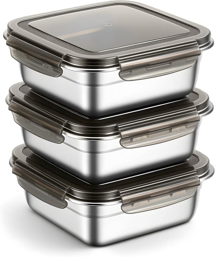 3 Pack 304 Stainless Steel Food Storage Container with Lids, 25.4 oz 304 Stainless steel freezer Containers Reusable Metal Meal Prep Lunch Boxes for Sandwiches and Snacks