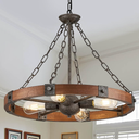 Farmhouse Wagon Wheel Chandelier 23.6" Walnut Rustic Chandeliers 4-Light Wood Round Pendant Light Fixture for Dining Room Kitchen Entryway Foyer