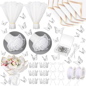 Qilery 243 Pcs Flower Bouquet Wrapping Paper Waterproof Floral Wrapping Paper Florist Supplies with Butterfly Decoration Crowns Ribbons Bouquet Pin Glue for DIY Craft (White,Classic Style)