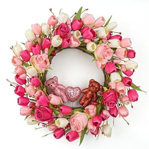 J'FLORU Valentines Day Decorations Romantic Valentines Day Gifts 22 Inch Valentine's Day Wreath with Lovely Bear Heart Roses Tulips for Valentine Party Anniversary Candlelight Dinner