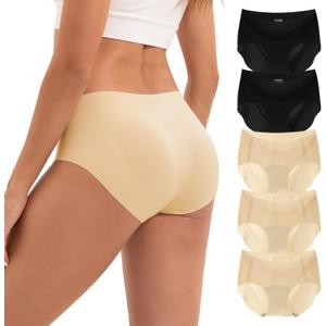 INNERSY Women's Seamless Underwear No Show Invisible Lightweight Hipster Panties 5-Pack (Large, Black/Nude)