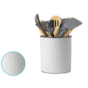 Comfify Large Ceramic Kitchen Utensil Holder with Vintage Farmhouse Floral Pattern – Elegant White Decorative Crock for Countertop Organization – Organizer for Tools, Spatulas, Spoons & More