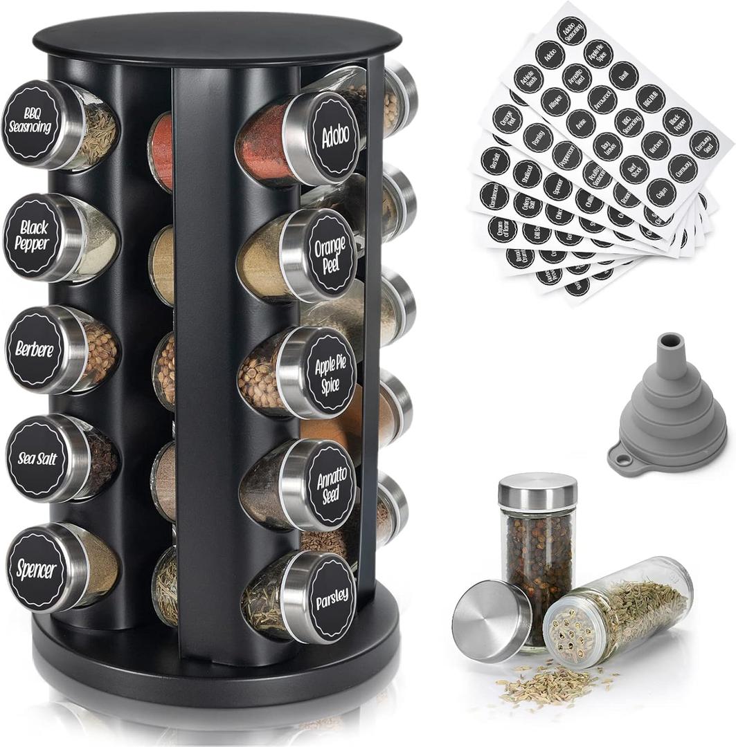 Tianifa Black Countertop Revolving Spice Rack, Empty 20-Jars Rotating Spice Rack Organizer, Round Carousel Tower, 135 Spice Labels with Funnel Complete Set, for Kitchen Countertop, Cabinet