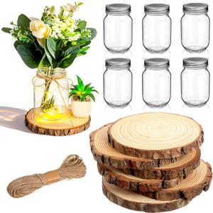 Honeydak 6 Sets Wedding Table Centerpieces 4.8 Inches Glass Mason Jar Vase for Flower Centerpieces 5.5-6.3 Inches Wood Slices Wooden Disc Coasters Winter Xmas Farmhouse Table Decoration (Classic, Clear)