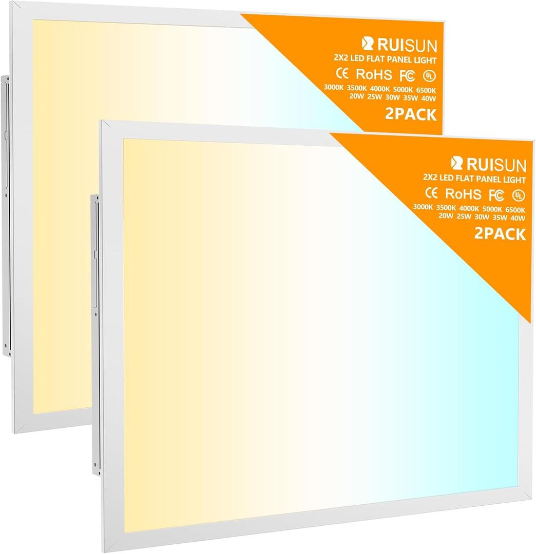 2 Pack 2x2 LED Flat Panel Light Drop Ceiling Office Fixture, 4800LM, 20W/25W/30W/35W/40W Selectable,3000K/3500K/4000K/5000K/6500K 5CCT,Dimmable (0-10V) for Shop,Commercial Warehouse,ETL Listed