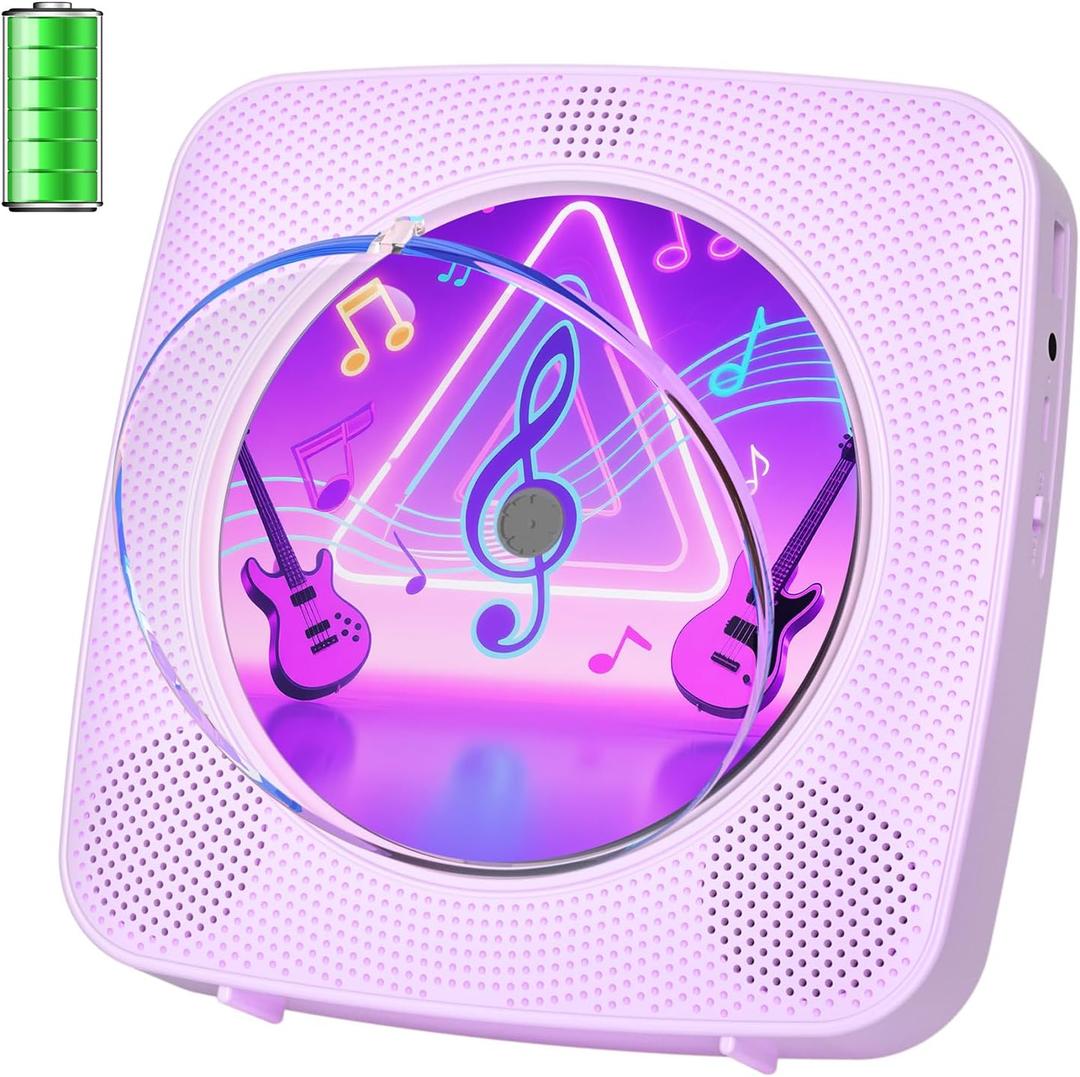 CD Player Portable Bluetooth Rechargeable: CD Players for Home Kegaudio 1800mAh Desktop Wall CD Player with Speakers with Dust Cover FM Radio USB Remote Control (Purple)