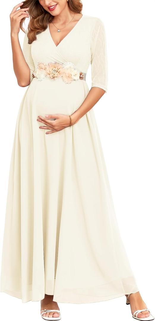 AISWI 3/4 Sleeve Maternity Dress Leaf Lace Contrast Chiffon V Neck Wrap A Line Flowy Pregnancy Dresses for Baby Shower (White, Without Belt) XL