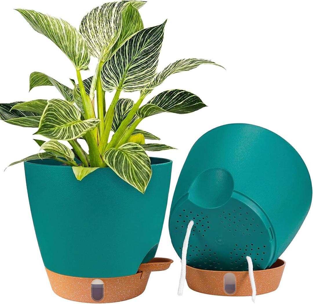 2 Pack 8 inch Plant Pots, Plastic Self Watering Planters with Drainage Holes, Deep Reservoir, Water Level Indicator, Modern Decorative Flower Pots for Indoor Outdoor Plants (Turquoise)
