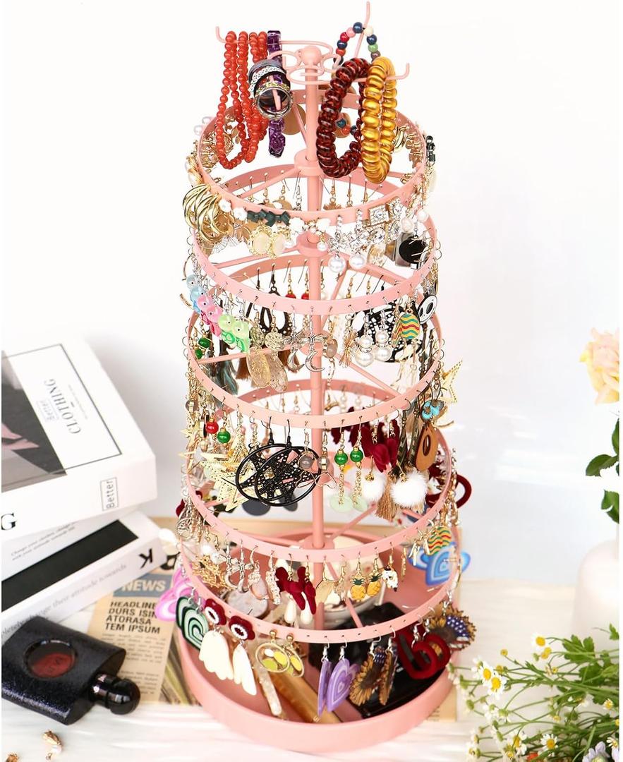 6 Tier Rotating Jewelry Organizer Stand, 230 Holes Earring Holder Organizer for Women Girls, Spinning Earring Tree with Ring Holder, Wide Base for Bracelets Watches Lipstick