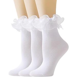 Women Lace Socks Ruffle Frilly Socks - Comfortable Cotton Socks Cute Socks Princess Lolita for Ladies 2 pairs
