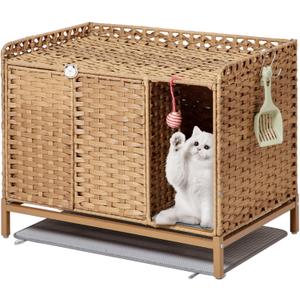 Cat Litter Box Enclosure Furniture with Divider, Handwoven Rattan Litter Box with Mat, 31.2 x 19.6 x 24.2 Inches, Metal Heightened Feet, Hidden Cat House for Living Room, Bedroom (Natural)