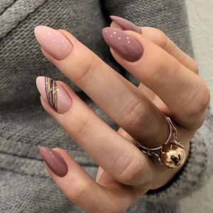 Press on Nails Short Almond Brown Fake Nails with Pink Design fake nails for Women Girls Acrylic False Nails Reusable stick on nail Full Cover Manicure Press on Nail for Wedding 24Pcs