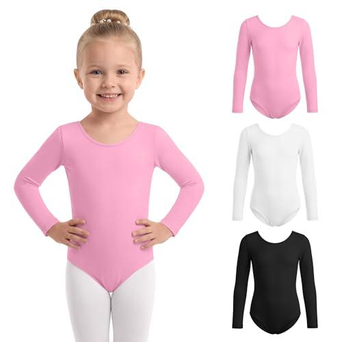 LessonZoo 3 Pack Girl's Long Sleeve Leotard Ballet Dance Gymnastics Bodysuit Basic Classic Kids Dancewear Outfits 2-14 Years(Pink, White, Black,4-6 Years)