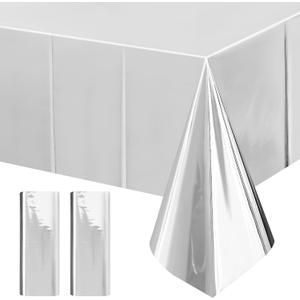 2Pcs SilverFoil Metallic Tablecloth Shiny Party Table Cloth 54" X 108" Disposable Rectangle Decoration for Thanksgiving Christmas Graduation Birthday Pary