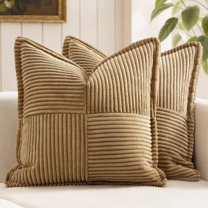 MIULEE Decorative Throw Pillow Covers for Couch Bed Livingroom 18x18 Inch Set of 2 Brown Boho Accent Throw Pllows Broadside Striped Patchwork Soft Corduroy Pillowcases
