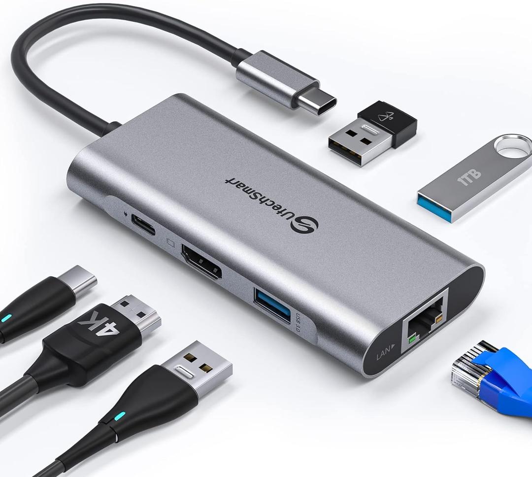 UtechSmart USB C Hub, USB C Ethernet Multiport Adapter, 6 In 1 USB C to HDMI Dock Compatible for Macbook Pro/Air, Chromebook, Dell XPS, HP and Type C Devices (Gigabit Ethernet 100W PD 4K HDMI USB 3.0) (Grey)