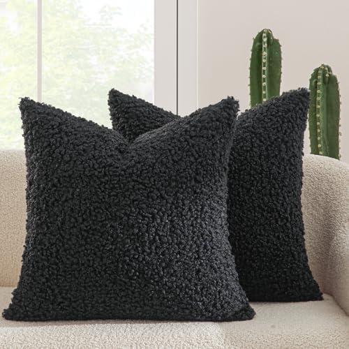 MIULEE Pack of 2 Throw Pillow Covers 18x18 Inch Neutral Black Faux Fur Decorative Sherpa Pillow Covers Fuzzy Accent Soft Sheepskin Fleece Cushion Cases for Boho Home Decor Couch Living Room Bed