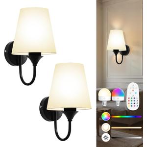 Battery Operated Wall Sconces Set of 2, 10000mAh Wireless Dimmable LED Wall Lights with Rechargeable 15 Colors Bulb & Remote, Timer & Flash 2 Light Mode, Bedroom Living Room Hallway Staircase (Black)