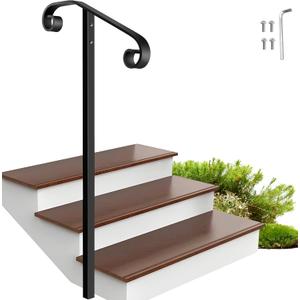 Handrail Railing, In-Ground Single Post Handrail, Wrought Iron Stair Handrail Grab Rail for Steps Porch, Long Post Fits 1 or 2 Steps, Black