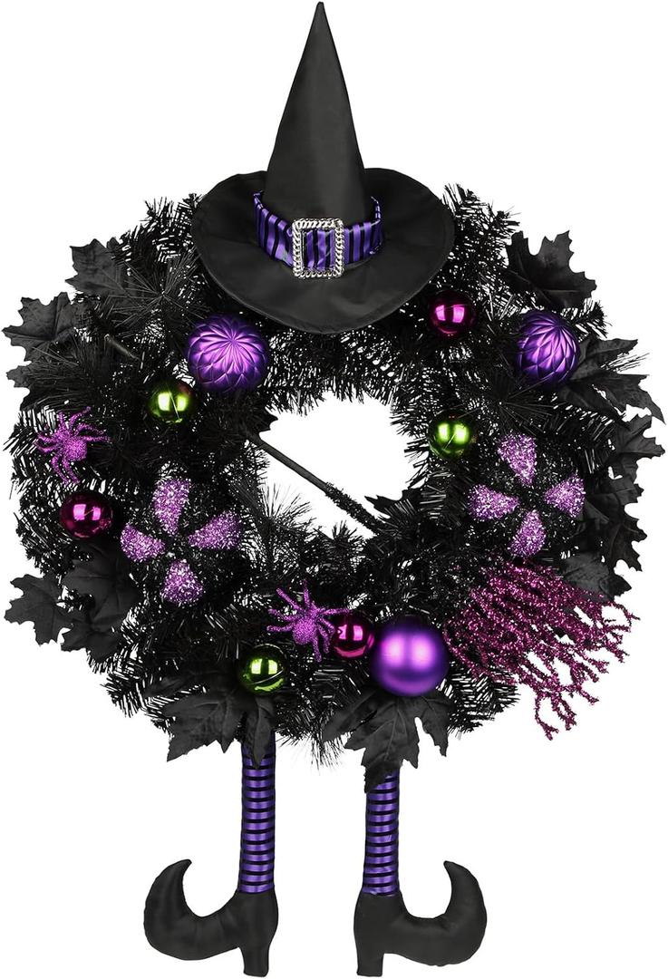 Halloween Wreath for Front Door 26" Tinsel Black Witch Wreath with Hat Legs and Purple Pumpkin for Fall Autumn Indoor Window Door Thanksgiving Halloween Decorations