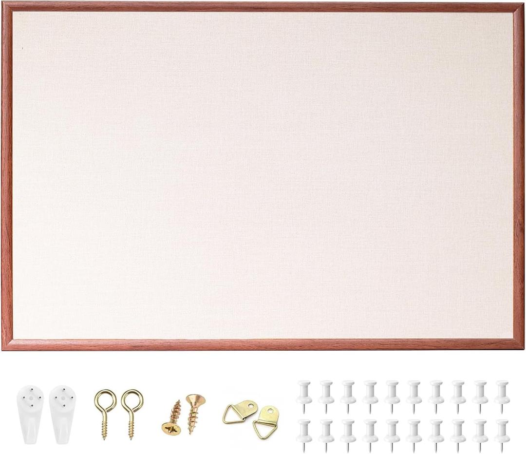 24'' x 36'' Large Linen Bulletin Board, Cork Board for Walls, Walnut Wood Style Frame, Vision Board, Pin Wood, Ideal for Shool, Home and Office