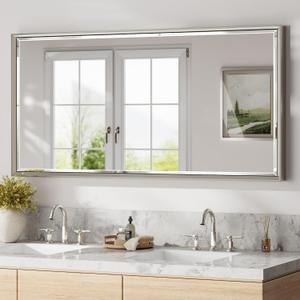 48 x 24 Brushed Nickel Bathroom Mirror, Beveled Framed Rectangle, Shatterproof Anti-Rust Vertical/Horizontal Wall-Mounted